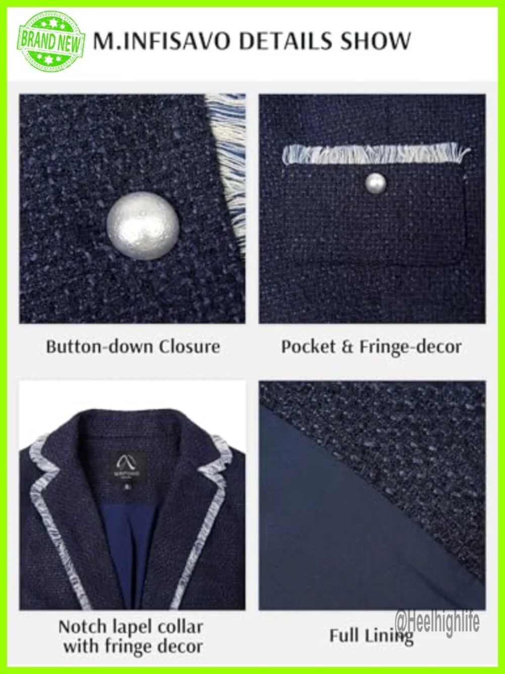 Cropped Tweed Jacket Blazer with Pockets Long Sleeve Open Front Notch Lapel